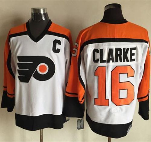 Flyers #16 Bobby Clarke White/Black CCM Throwback Stitched NHL Jersey - Click Image to Close